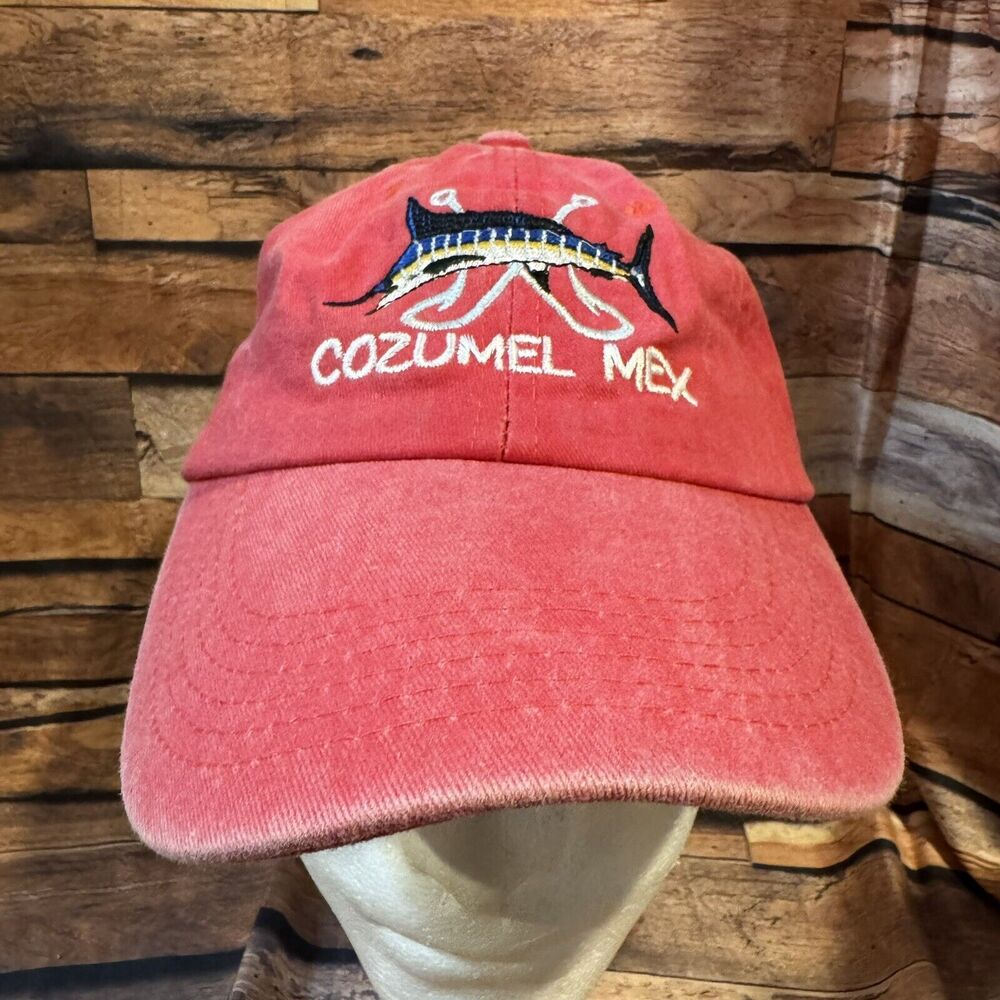 Red Cozumel Mexico Fishing Hat Cap Adjustable Strapback Marlin Sailfish Logo